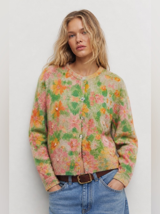 Zara Sweaters - ZARA Floral Knit Cardigan Pearl Detail Size M